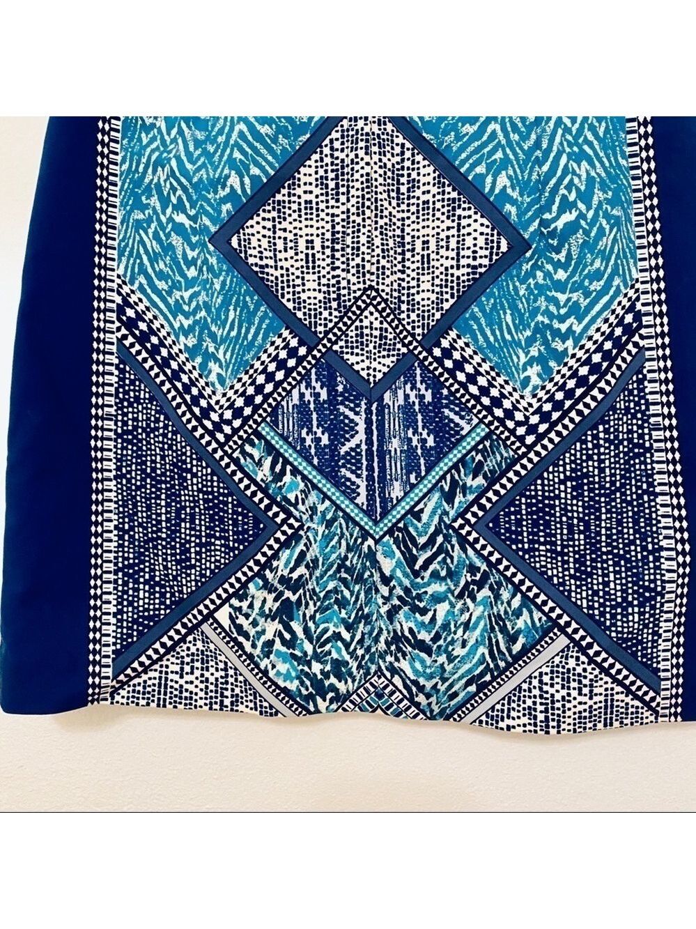 Geometric Pattern Blue Teal and Off White Mini Skirt - Picture 8 of 15